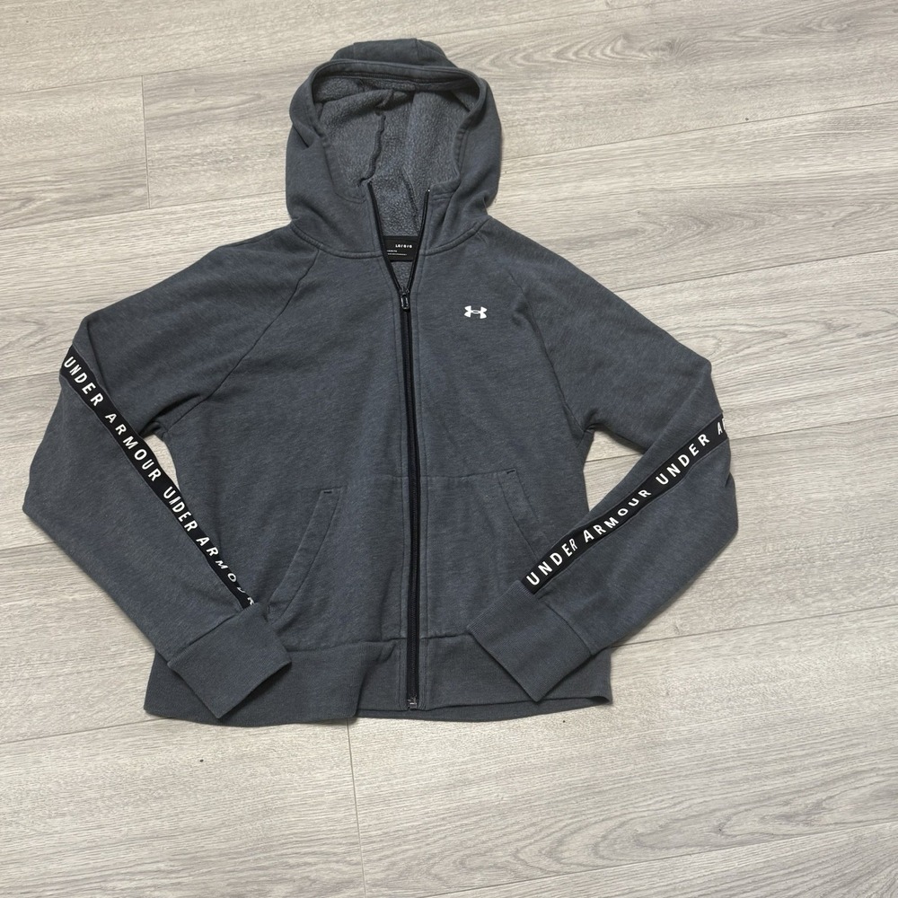 Under Armour Womens Gray Full Zip Hoodie Branded Tape Fleece Sweatshirt Size L
